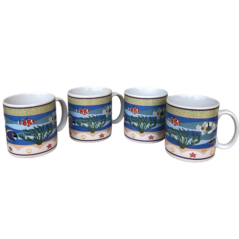 SAKURA SET OF 4 CORAL REEF FISH SEA BEACH SCENE COFFEE MUGS 3 5/8" CLAIR MURRAY